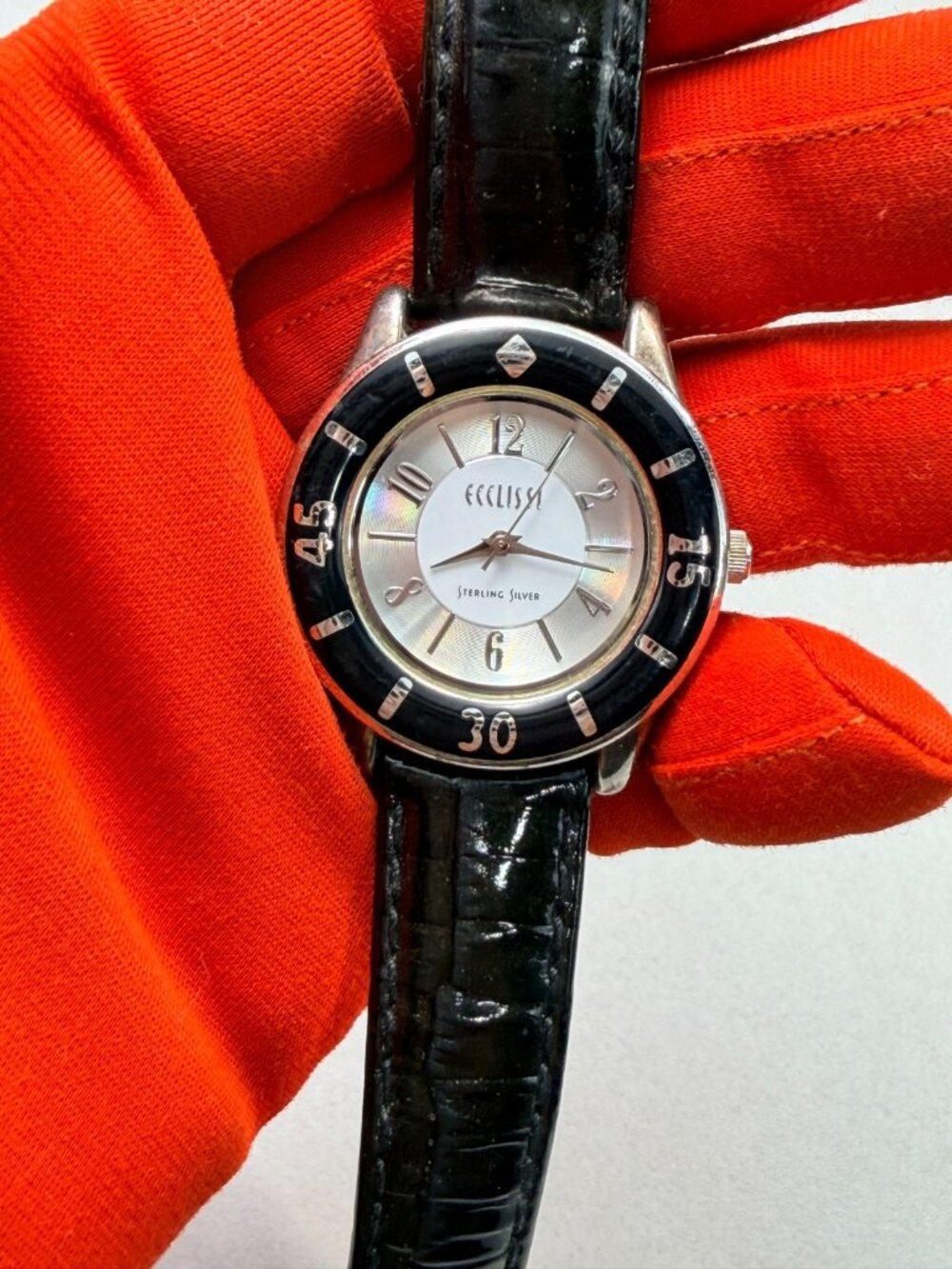 Ecclissi Sterling Silver Black Enamel Ladies Watch Leather Band